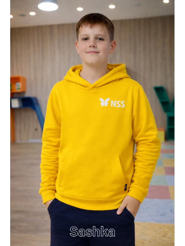 Худі УТЕПЛЕНЕ для хлопчика на флісі жовте з логотипом школи NSS, розмір 116-146